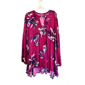 Free People Tunic Dress Oversized Medium Burgundy Floral Free Flow Boho Bohemian